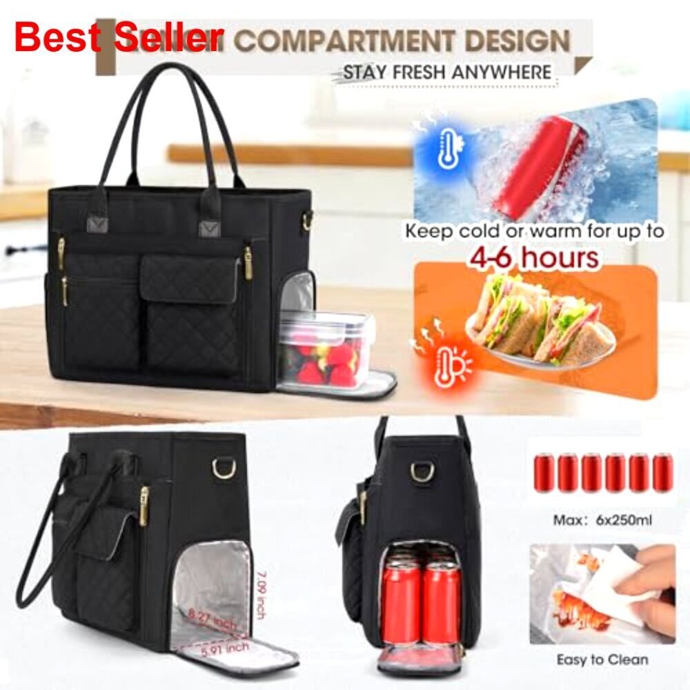 Insulated Lunch Tote Bag with 15.6" Laptop Compartment, Water-Resistant Work Bag - Picture 3 of 7